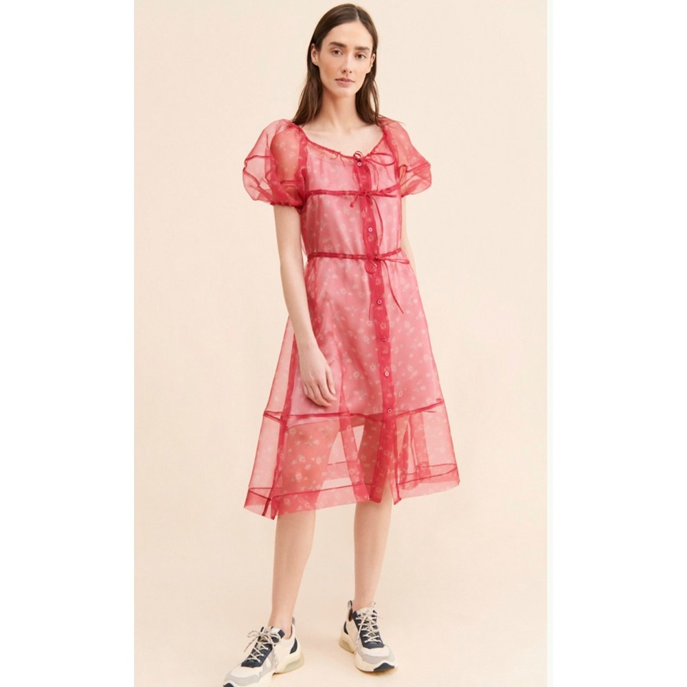 SOONSU Naive Organza Sheer Romantic Floral Midi Dress in Red Size 10